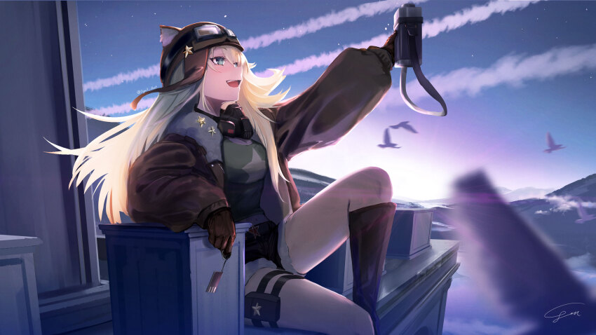 0gen3_illust, 1girl, :d, animal_ear_headwear, animal_ears, arm_up, aviator_cap, battlement