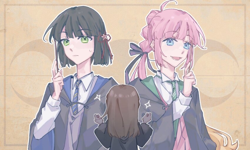 3girls, :d, ahoge, alternate_universe, anyoji_hime, black_coat, black_hair, black_ribbon, blonde_hair, blue_eyes, blue_necktie, blunt_bangs, blunt_ends, braid, brown_hair, cardigan, check_commentary, chinese_commentary, cloak, closed_mouth, coat, collared_shirt, commentary_request, crescent, diagonal-striped_clothes, diagonal-striped_necktie, dress_shirt, flower, flower_knot, frown, gradient_hair, green_eyes, green_necktie, grey_sweater, hair_flower, hair_ornament, hair_ribbon, harry_potter_(series), hogwarts_school_uniform, hood, hooded_cloak, hoshiji, index_finger_raised, kachimachi_kosuzu, link!_like!_love_live!, long_hair, long_sleeves, love_live!, lower_teeth_only, momose_ginko, multi-tied_hair, multicolored_hair, multiple_girls, necktie, open_mouth, outline, pink_cardigan, pink_hair, ponytail, ravenclaw, ribbon, school_uniform, shirt, short_hair, side_braids, sidelocks, slytherin, smile, sparkle, straight_hair, striped_clothes, sweater, swept_bangs, teeth, upper_body, v-neck, very_long_hair, virtual_youtuber, white_necktie, white_outline, white_shirt, wizarding_world, yellow_background, yellow_necktie