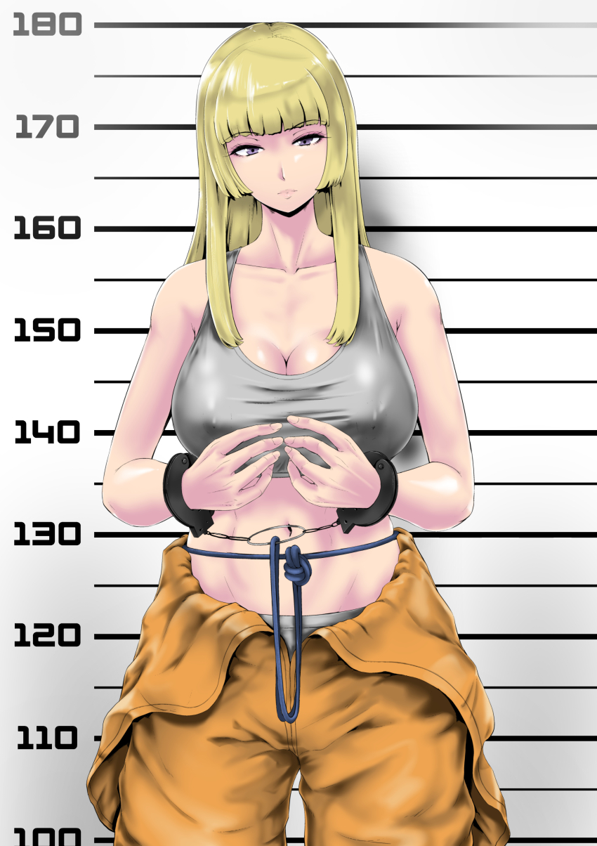 absurdres, bare_shoulders, blonde_hair, breasts, cleavage, covered_erect_nipples, crop_top, emilie_de_rochefort, highres, kabosucandle, large_breasts, long_hair, looking_at_viewer, mugshot, pants, prison, prison_clothes, prisoner, sleeveless, tekken, togaxan