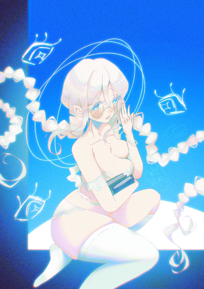 1girl, adjusting_eyewear, aia_amare, arm_under_breasts, blonde_hair, blue_background, blue_eyes, blush