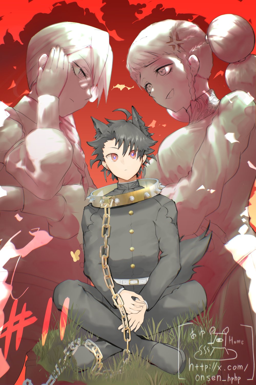 1boy, anger_vein, animal_ears, belt, black_hair, braid, breasts, chain