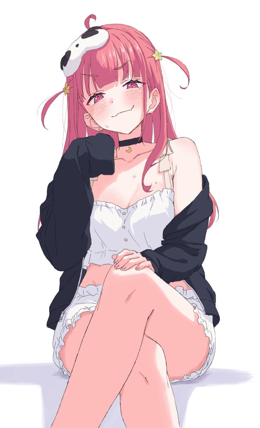 1girl, ahoge, armpit_crease, black_choker, black_jacket, blush, breasts, choker