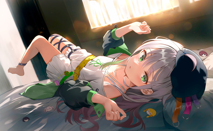 1girl, absurdres, anklet, armpit_crease, backlighting, barefoot, bed_sheet, belt