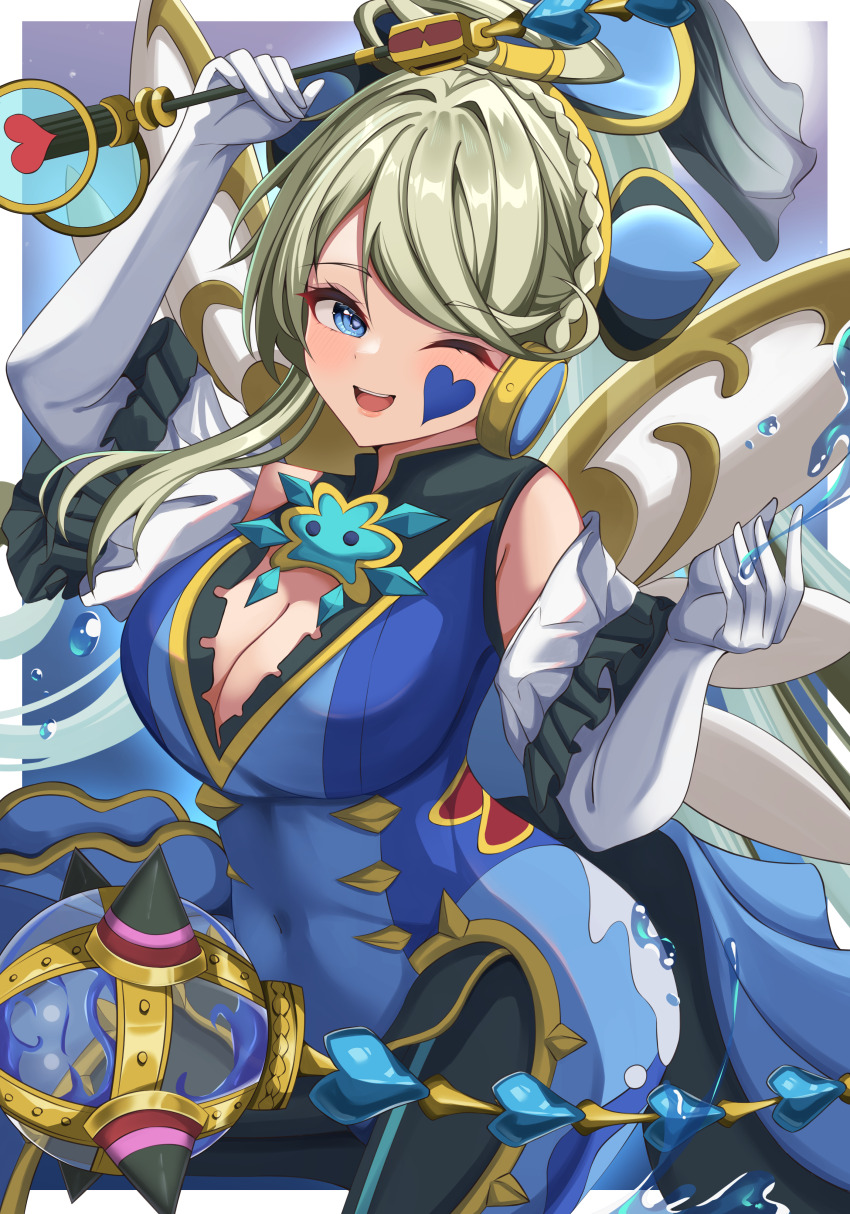 1girl, ;d, absurdres, arm_up, bare_shoulders, blonde_hair, blue_eyes, braid