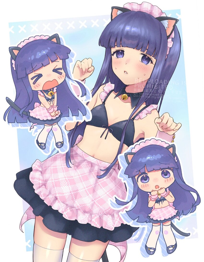 >_<, 1girl, animal_ear_fluff, animal_ears, apron, bell, bikini, black_bikini