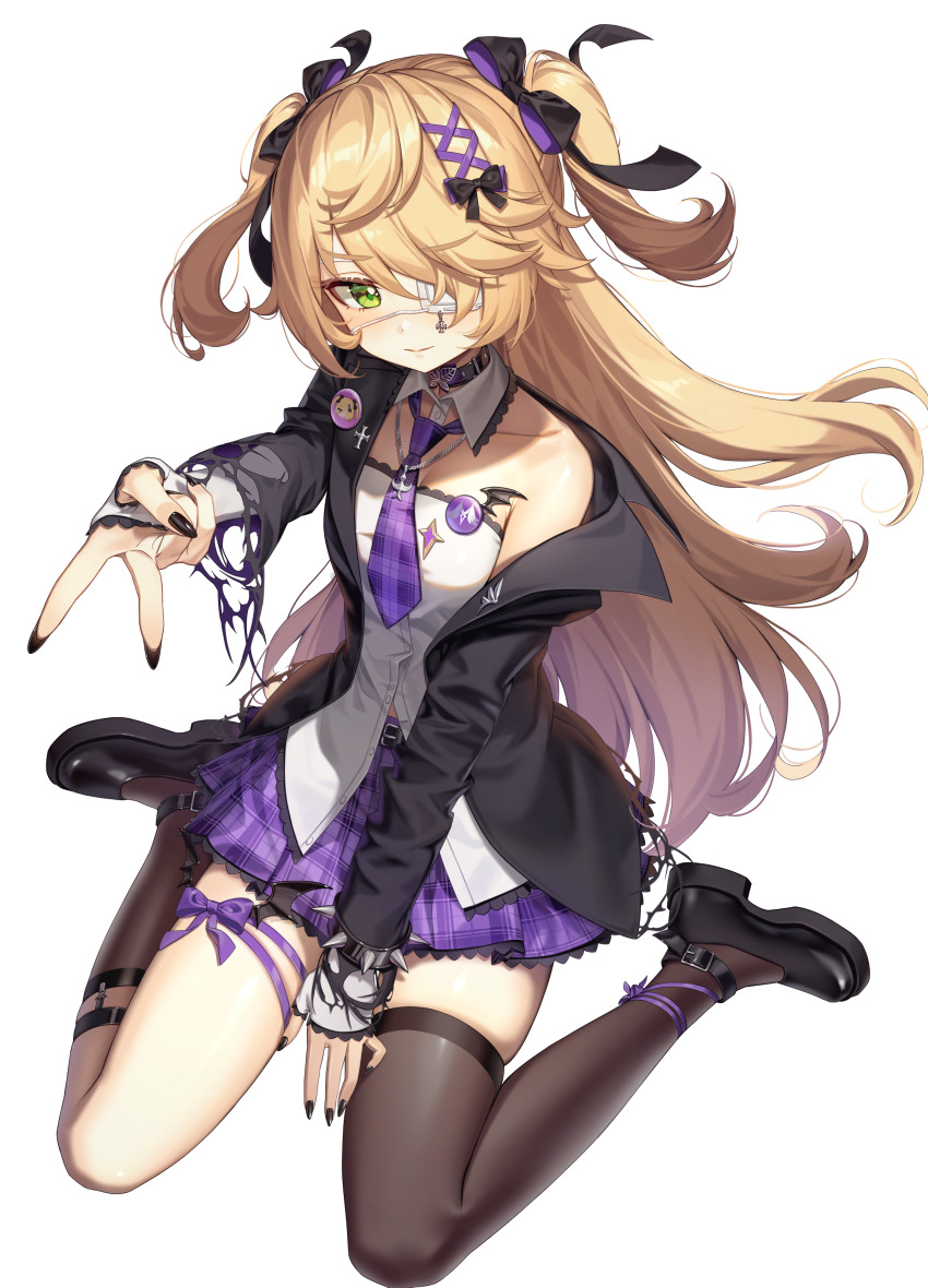 1girl, absurdres, asymmetrical_legwear, black_jacket, black_nails, black_shoes, black_socks, black_thighhighs, blonde_hair, bow, closed_mouth, eyepatch, fischl_(genshin_cafe_in_seoul)_(genshin_impact), fischl_(genshin_impact), floating_hair, genshin_impact, green_eyes, gyaru_v, hair_bow, highres, jacket, kneehighs, long_hair, long_sleeves, mika_030, necktie, official_alternate_costume, open_clothes, open_jacket, purple_necktie, purple_skirt, shoes, simple_background, sitting, skirt, smile, socks, solo, thighhighs, two_side_up, uneven_legwear, v, wariza, white_background