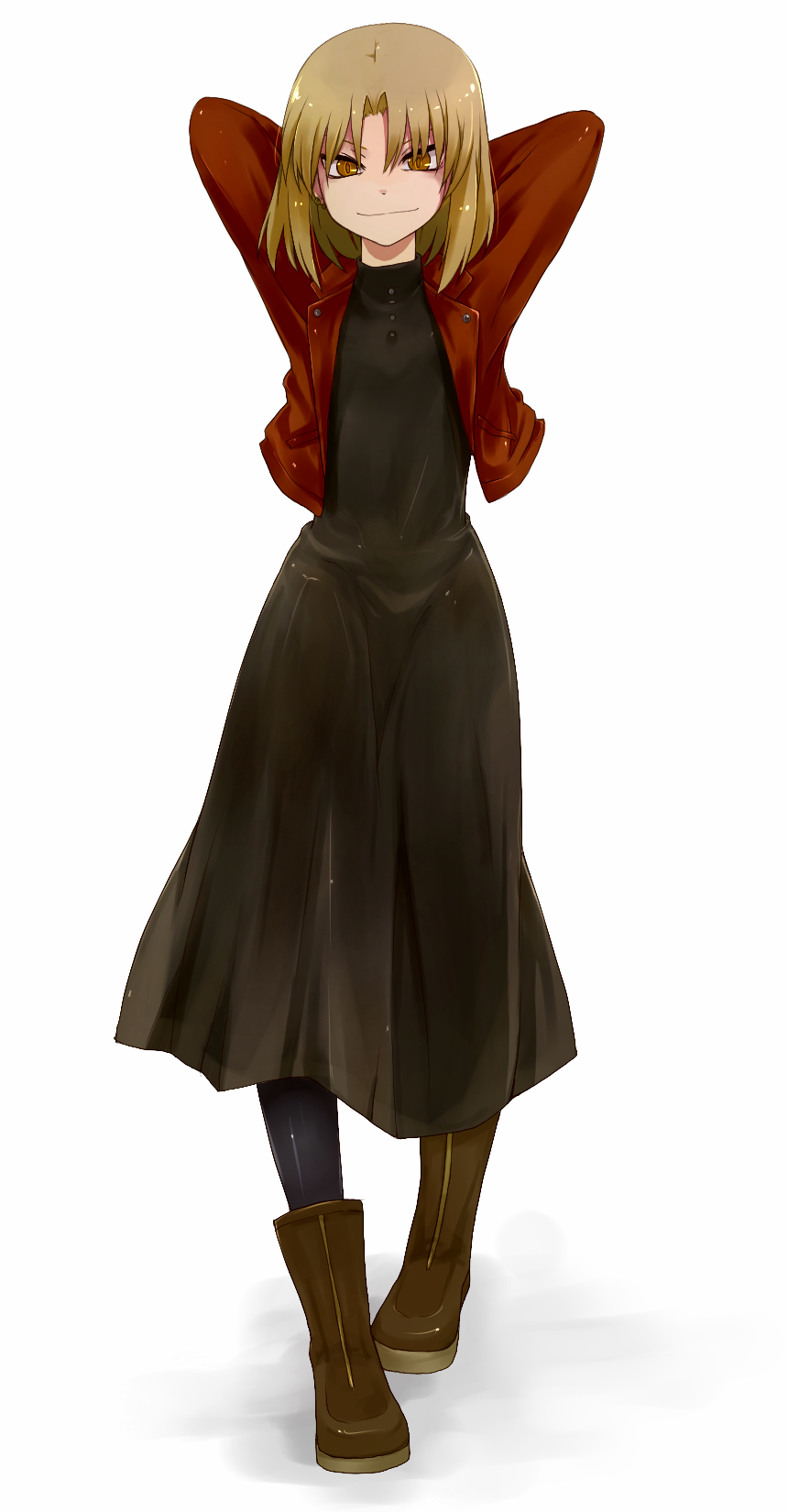 1boy, arms_behind_head, bad_id, bad_pixiv_id, black_dress, blonde_hair, crossdressing, crossdressing_(mtf), dress, highres, jacket, kara_no_kyoukai, long_dress, male_focus, pantyhose, red_eyes, shirazumi_lio, shirotsume_kusa_(sayern), simple_background, slit_pupils, solo, trap, white_background