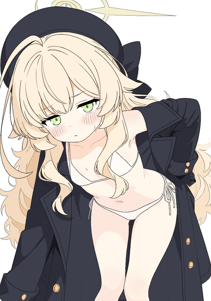 1girl, absurdres, bare_legs, beret, bikini, bikini_under_clothes, black_coat, black_gloves