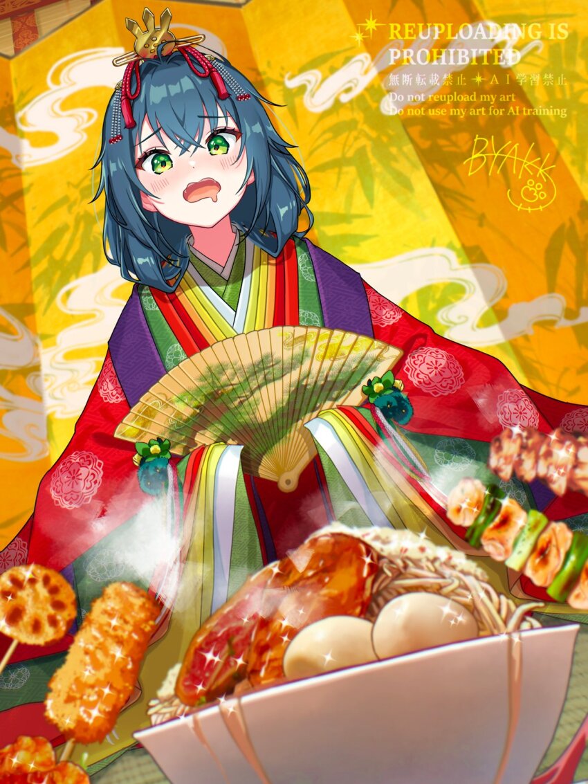 1girl, blue_hair, blush, bowl, byakko_creator, commentary_request, drooling, dutch_angle