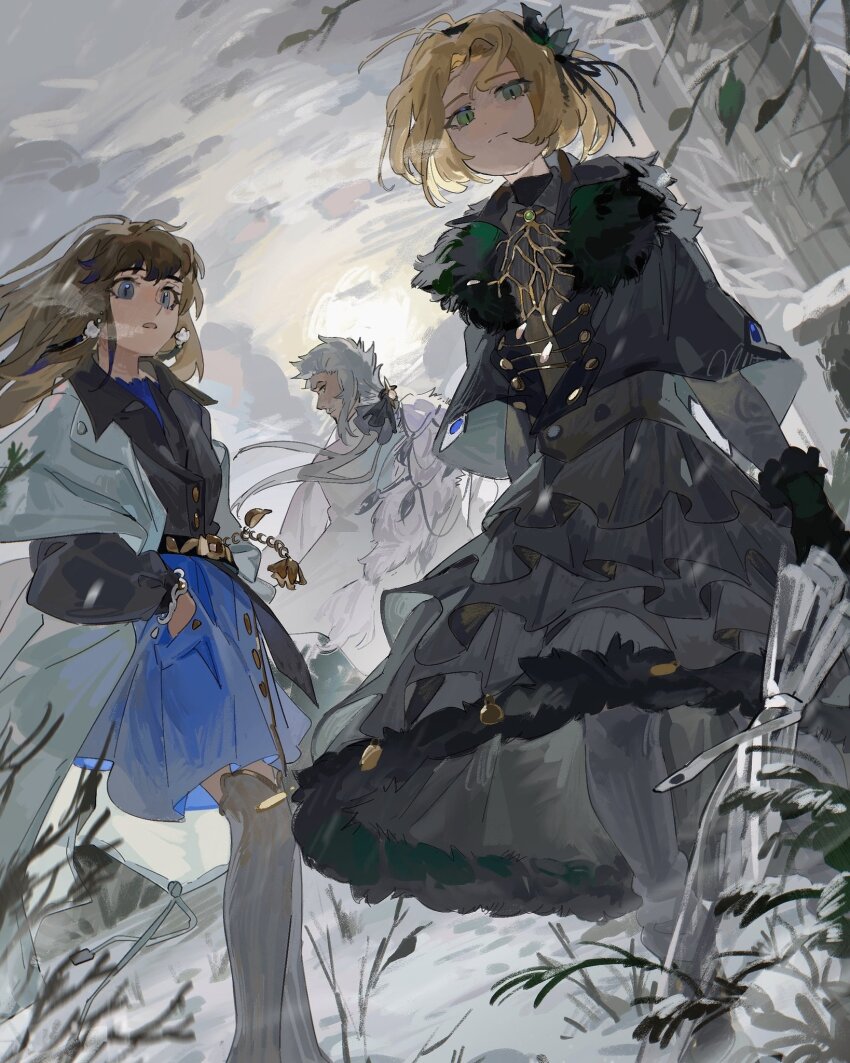 1boy, 2girls, black_capelet, black_dress, black_gloves, black_shirt, black_thighhighs, blonde_hair