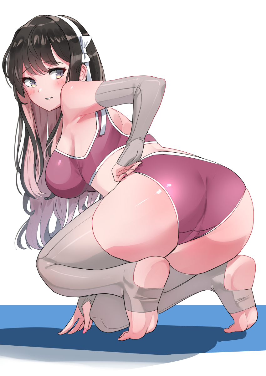 1girl, absurdres, alternate_costume, ass, black_hair, breasts, colored_inner_hair, detached_sleeves, feet, fingerless_gloves, full_body, gloves, grey_sleeves, grey_thighhighs, hairband, highres, kantai_collection, large_breasts, legs, long_hair, looking_back, multicolored_hair, naganami_(kancolle), naganami_kai_ni_(kancolle), no_shoes, on_one_knee, osananajimi_neko, panties, parted_lips, pink_hair, pink_nails, pink_panties, pink_sports_bra, sideboob, simple_background, sleeves_past_wrists, smile, soles, solo, sports_bra, stirrup_legwear, thighhighs, tiptoes, toeless_legwear, toes, two-tone_hair, underwear, white_background, white_hairband, yellow_eyes