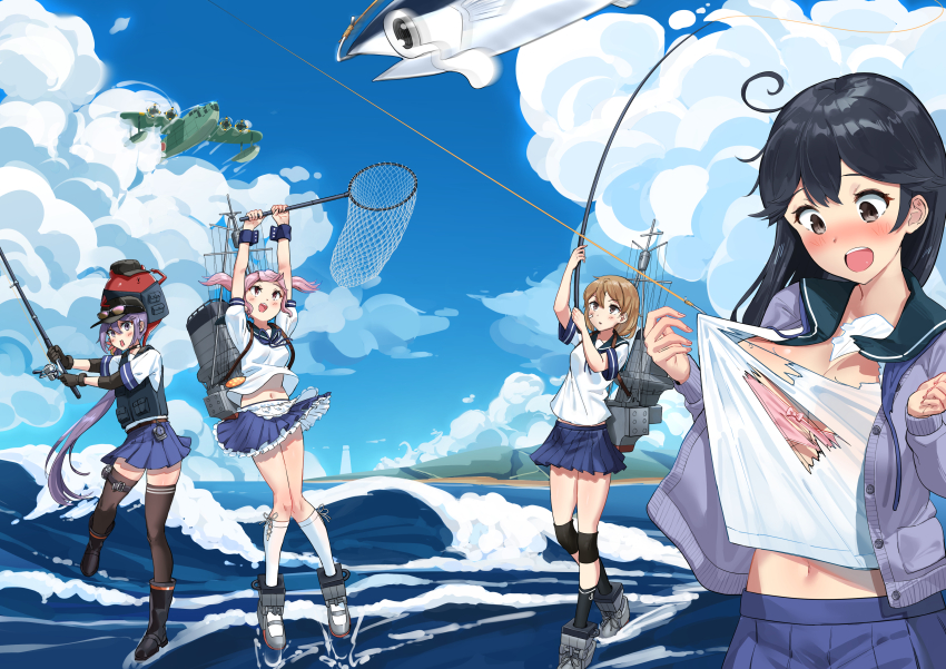 4girls, absurdres, aircraft, airplane, akebono_(kancolle), akebono_(saury_festival)_(kancolle), akebono_kai_ni_(kancolle), apron