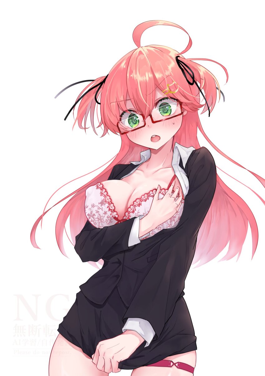 1girl, ahoge, alternate_costume, black_jacket, black_ribbon, blush, bra, breasts