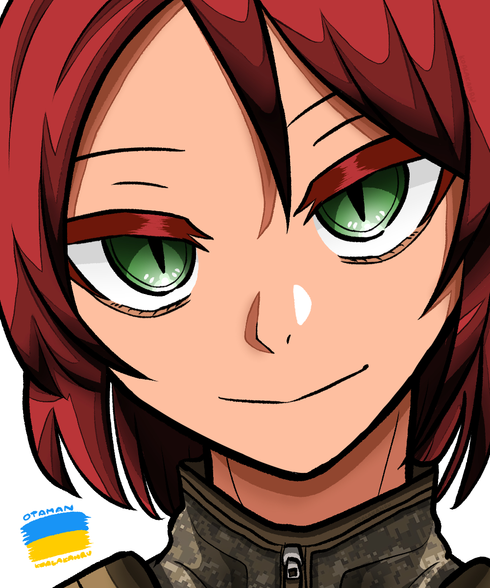 1boy, bad_source, camouflage, green_eyes, head_tilt, highres, kenneth_del_duca, kkanru