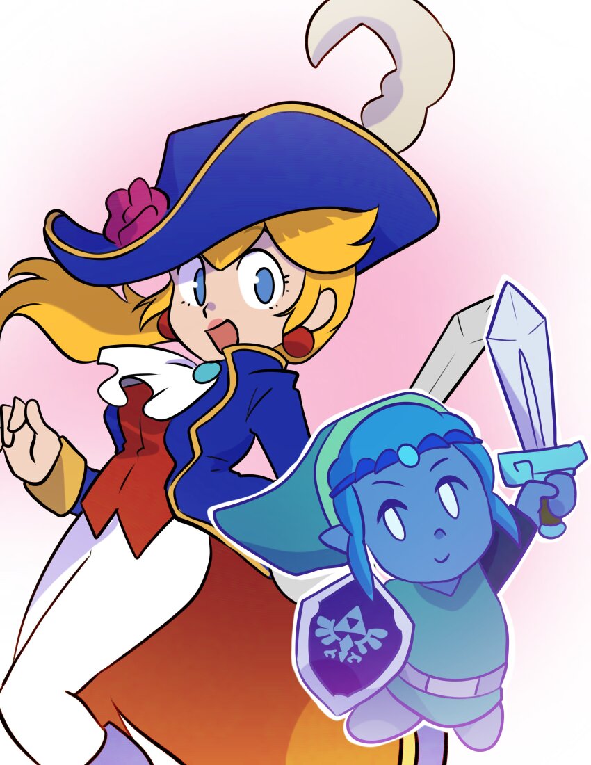 2girls, absurdres, ascot, blonde_hair, blue_hat, carolinerdraws, company_connection, crossover, earrings, female_focus, flower, hat, hat_feather, hat_flower, highres, holding, holding_shield, holding_sword, holding_weapon, jewelry, mario_(series), multiple_girls, nintendo, pants, pointy_ears, princess_peach, princess_peach:_showtime!, princess_zelda, princess_zelda_(swordfighter), shield, sphere_earrings, sword, swordfighter_peach, the_legend_of_zelda, the_legend_of_zelda:_echoes_of_wisdom, trait_connection, weapon, white_ascot, white_pants