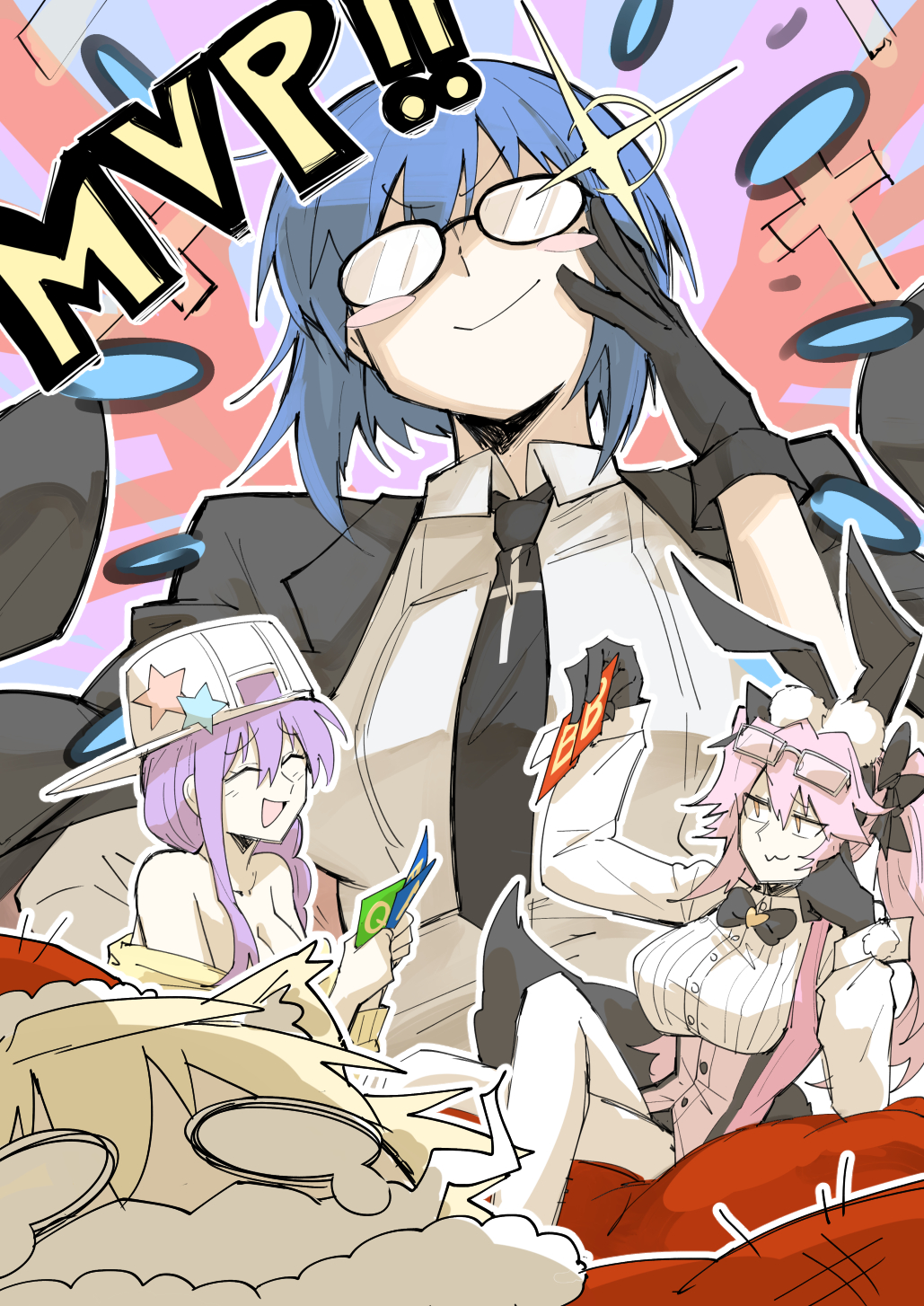 4girls, animal_ears, baseball_cap, bb_(fate), bb_(swimsuit_mooncancer)_(first_ascension)_(fate), blonde_hair, blue_hair, blush_stickers