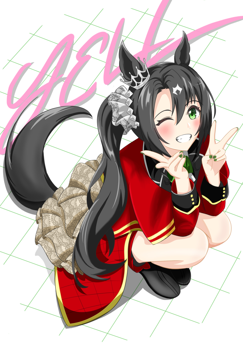 1girl, ;), absurdres, abyss_kpn_(ki), animal_ears, black_boots, black_hair, blush