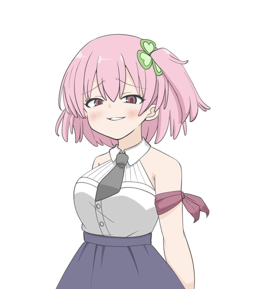 1girl, arm_scarf, armpit_crease, arms_at_sides, assault_lily, bare_arms, bare_shoulders, blue_skirt