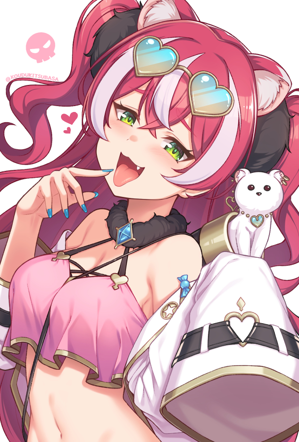 1girl, :3, animal_ears, bare_shoulders, blue_nails, breasts, crop_top, crop_top_overhang