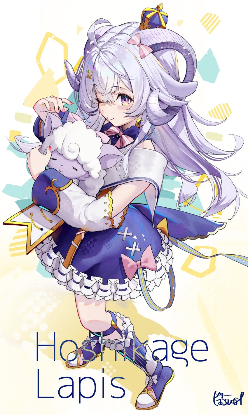 1girl, absurdres, ahoge, arched_crown, artist_name, blue_crown, blue_dress, blue_footwear