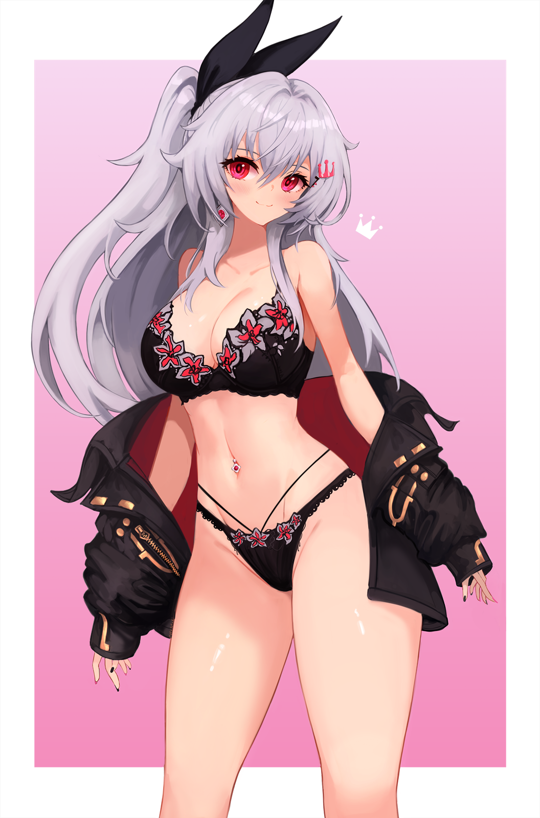 1girl, black_bow, black_bra, black_jacket, black_nails, black_panties, border, bow