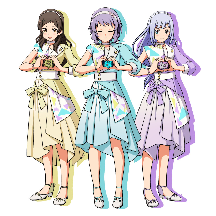 3girls, android, blue_dress, blue_eyes, blue_footwear, blue_hair, bracelet, brown_eyes, brown_hair, cipher:utopia_(idolmaster), closed_eyes, code:escape_(idolmaster), collar, commission, dress, escape_(idolmaster), flower, heart, heart_hands, highres, idolmaster, idolmaster_million_live!, idolmaster_million_live!_theater_days, jewelry, kitazawa_shiho, lielos, light_blue_hair, light_blush, light_smile, long_hair, makabe_mizuki, mechabare, multiple_girls, open_mouth, pixiv_commission, purple_dress, purple_footwear, purple_hair, ribbon, shapes, shiraishi_tsumugi, shoes, short_hair, skirt, smile, standing, white_background, yellow_dress, yellow_shoes