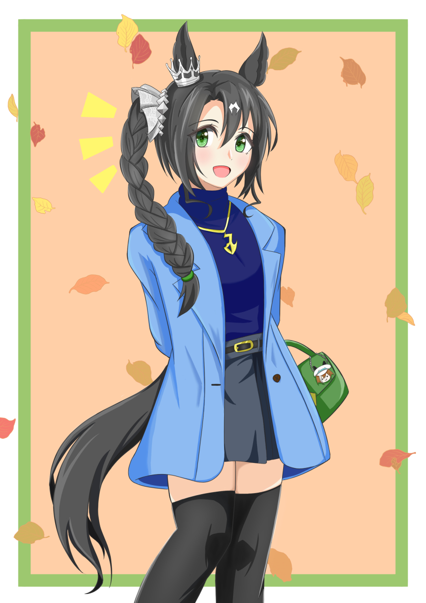 1girl, :d, absurdres, abyss_kpn_(ki), alternate_hairstyle, animal_ears, arms_behind_back, autumn_leaves