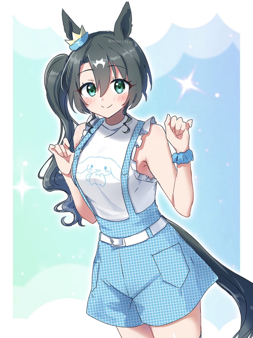 1girl, animal_ears, black_hair, breasts, cinnamoroll, commentary, dutch_angle, ear_through_crown