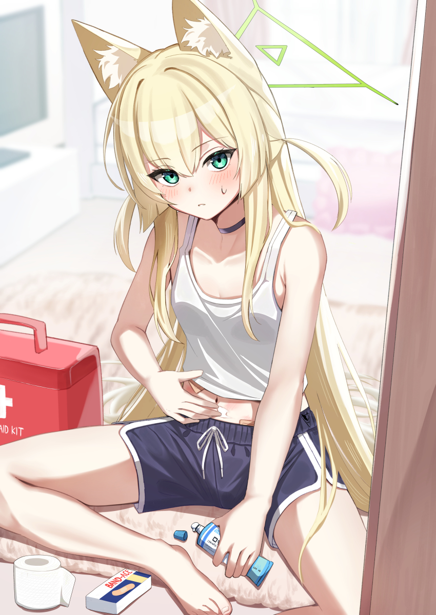 1girl, absurdres, alternate_costume, animal_ear_fluff, animal_ears, applying_ointment, bare_arms, bare_shoulders