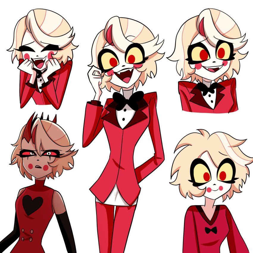 1girl, :d, arm_behind_back, black_bow, black_bowtie, blonde_hair, blush_stickers, bow, bowtie, charlie_morningstar, colored_sclera, colored_skin, demon_girl, dress, fangs, formal_clothes, hazbin_hotel, heart, heart_print, hellaverse, highres, horns, jacket, kamaboko4, multicolored_hair, open_mouth, pants, red_dress, red_eyes, red_jacket, red_pants, simple_background, smile, suit, teeth, two-tone_hair, upper_teeth_only, white_background