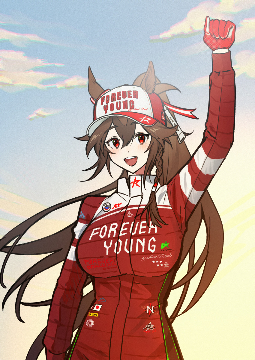 1girl, :d, absurdres, baseball_cap, bodysuit, breasts, brown_hair, character_name, clothes_writing, ears_through_headwear, forever_young_(racehorse), genderswap, genderswap_(mtf), hair_between_eyes, hat, high_ponytail, highres, hokushinron, large_breasts, long_hair, open_mouth, original, personification, ponytail, red_bodysuit, red_eyes, smile, solo, textless_version, tokyo_daishoten, umamusume, upper_body