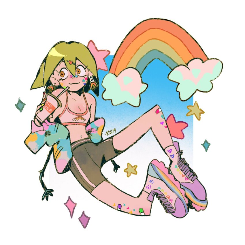 1girl, bandaid, bandaid_on_knee, bandaid_on_leg, black_shorts, border, closed_mouth, cup