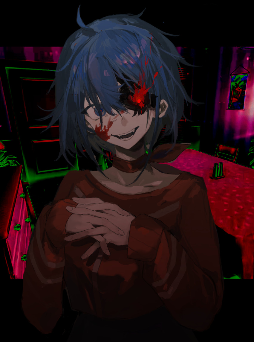 1girl, absurdres, ahoge, black_border, blood, blood_on_face, blue_eyes, blue_hair, border, bow, bow_choker, chair, chest_of_drawers, choker, collarbone, crazy_eyes, crazy_mita_(miside), crazy_smile, cropped_shirt, door, fangs, flaming_eye, game_screenshot_background, hair_between_eyes, hair_ornament, hairclip, highres, indoors, interlocked_fingers, inverted_colors, kuma_(yoooooooo152), letterboxed, long_sleeves, looking_at_viewer, messy_hair, miside, mita_(miside), open_mouth, outside_border, own_hands_together, poster_(object), red_shirt, salt_shaker, screenshot_background, shirt, short_hair, sleeves_past_wrists, smile, solo, spoilers, t-shirt, table, tablecloth, upper_body