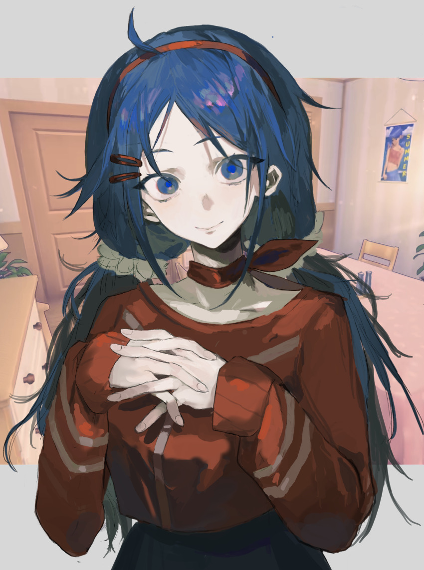 1girl, absurdres, ahoge, blank_eyes, blue_eyes, blue_hair, border, bow, bow_choker, chair, chest_of_drawers, choker, collarbone, crazy_mita_(miside), cropped_shirt, door, game_screenshot_background, grey_border, hair_ornament, hairband, hairclip, highres, indoors, interlocked_fingers, kuma_(yoooooooo152), letterboxed, long_hair, long_sleeves, looking_at_viewer, low_twintails, miside, mita_(miside), outside_border, own_hands_together, parted_bangs, poster_(object), red_hairband, red_shirt, salt_shaker, screenshot_background, shirt, sleeves_past_wrists, smile, solo, t-shirt, table, tablecloth, twintails, upper_body, wallpaper_(object), wooden_floor