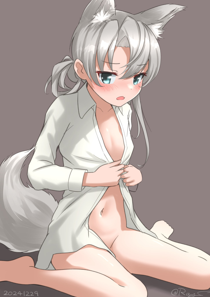 1girl, animal_ears, asymmetrical_hair, collared_shirt, commentary_request, dress_shirt, flat_chest, flipped_hair