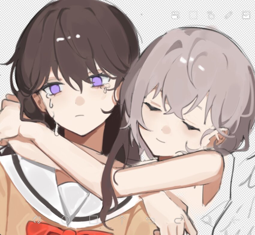 2girls, arms_around_neck, art_program_in_frame, bang_dream!, bang_dream!_it's_mygo!!!!!, bow, bowtie, brown_dress