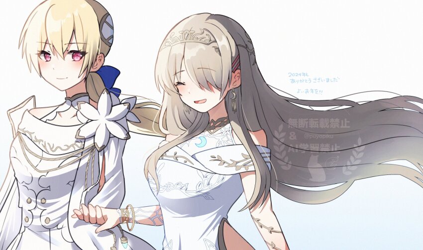 2girls, absurdres, blonde_hair, breasts, closed_eyes, dress, hair_between_eyes, hair_ornament