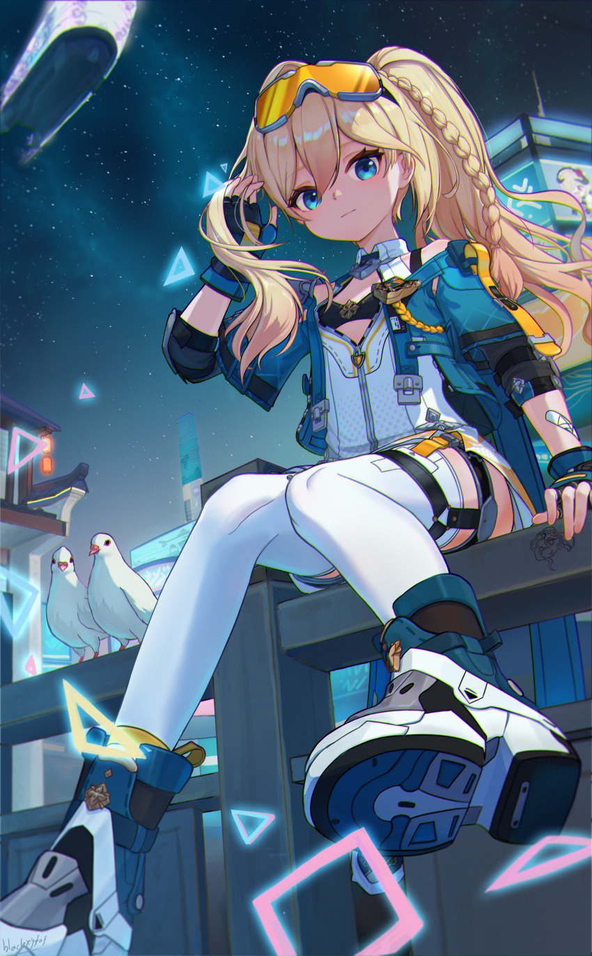 1girl, absurdres, bare_shoulders, blackxyfaf, blonde_hair, blue_eyes, blue_jacket, braid