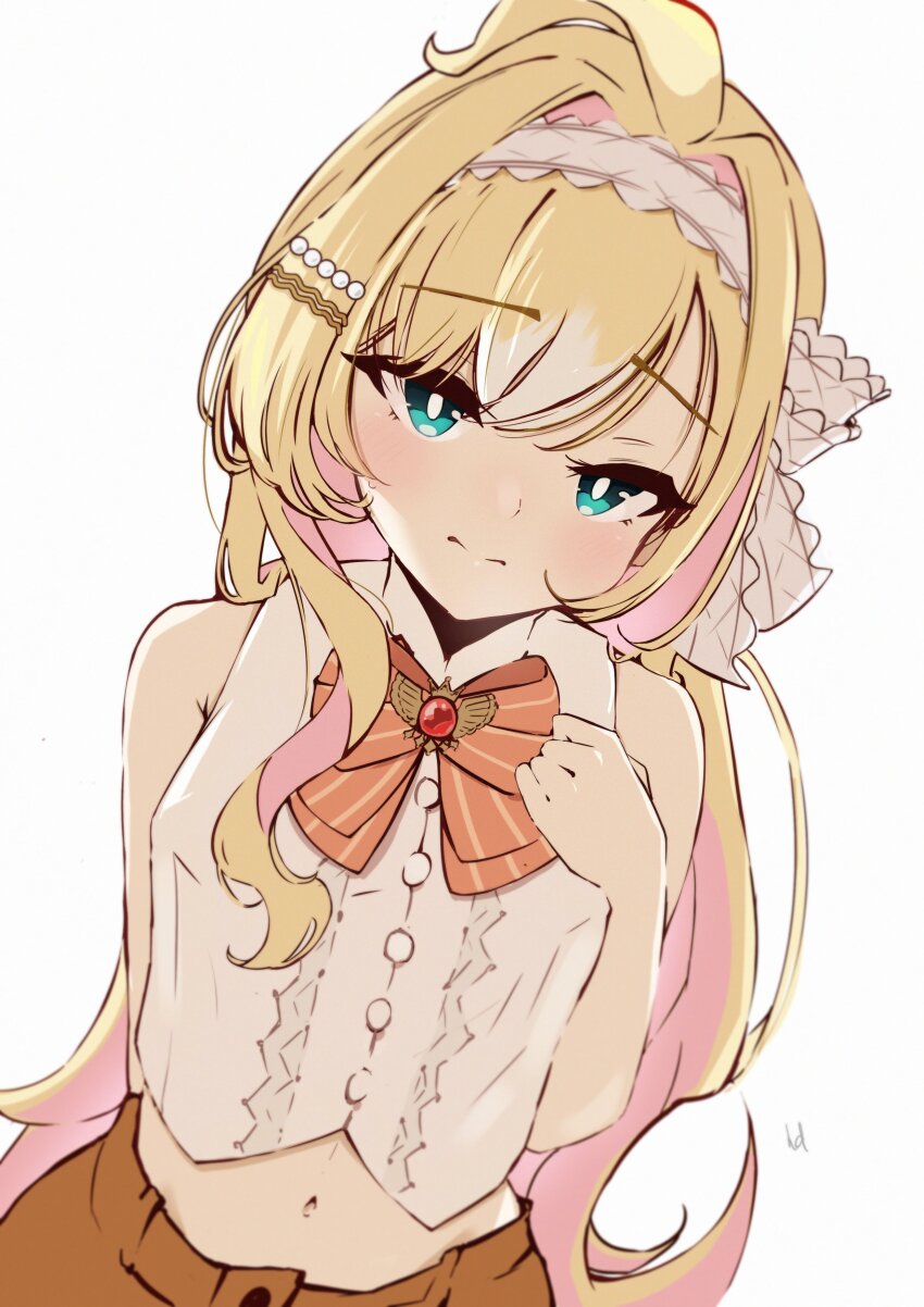 1girl, absurdres, ahoge, aqua_eyes, armpit_crease, blonde_hair, blush, breasts, closed_mouth, colored_inner_hair, hair_intakes, hairband, hand_on_own_chest, hdukl, highres, linea_alba, long_hair, looking_at_viewer, midriff, millie_parfait, millie_parfait_(4th_costume), multicolored_hair, navel, nijisanji, nijisanji_en, pursed_lips, shirt, signature, simple_background, sleeveless, sleeveless_shirt, small_breasts, solo, very_long_hair, virtual_youtuber, white_background, white_hairband