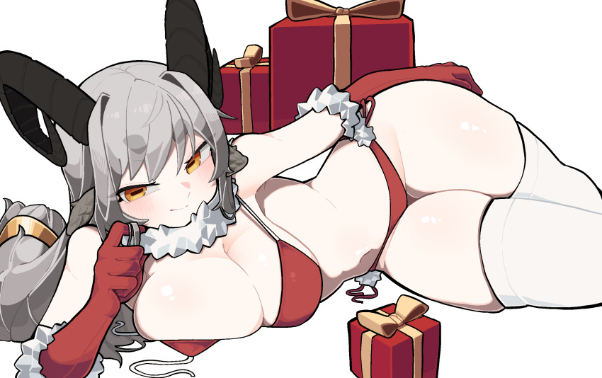 animal_ears, bikini, bolt_(min_lona), breast_press, breasts, christmas, cleavage, gift