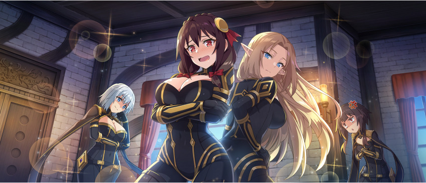 4girls, :<, :d, alpha_(kagejitsu), alpha_(kagejitsu)_(cosplay), anger_vein, arm_under_breasts, arms_under_breasts, back-to-back, beta_(kagejitsu), beta_(kagejitsu)_(cosplay), black_bodysuit, blonde_hair, blue_eyes, blush, bodysuit, bow, braid, breast_envy, breasts, brown_hair, center_opening, cleavage, cosplay, covered_navel, covering_breasts, covering_privates, crossover, crown_braid, elf, embarrassed, from_below, furrowed_brow, game_cg, gold_trim, grey_hair, hair_bow, hair_ornament, hand_on_own_cheek, hand_on_own_face, hand_on_own_hip, head_tilt, highres, impossible_bodysuit, impossible_clothes, indoors, jitome, kage_no_jitsuryokusha_ni_naritakute!, kono_subarashii_sekai_ni_shukufuku_wo!, konosuba!_fantastic_days, large_breasts, long_hair, looking_at_viewer, looking_back, looking_down, low_twintails, matching_outfits, medium_hair, megumin, multiple_girls, nervous_smile, nose_blush, official_art, open_mouth, parted_bangs, pointy_ears, red_bow, red_eyes, shaded_face, shiny_skin, short_hair, short_hair_with_long_locks, sidelocks, small_breasts, smile, smirk, smug, twintails, v-shaped_eyebrows, wavy_mouth, yunyun_(konosuba)