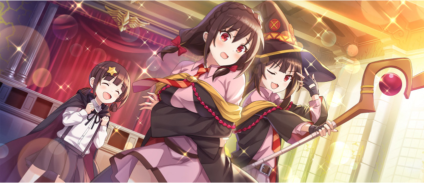 3girls, :d, ;3, arms_under_breasts, auditorium, belt, belt_buckle, black_cloak