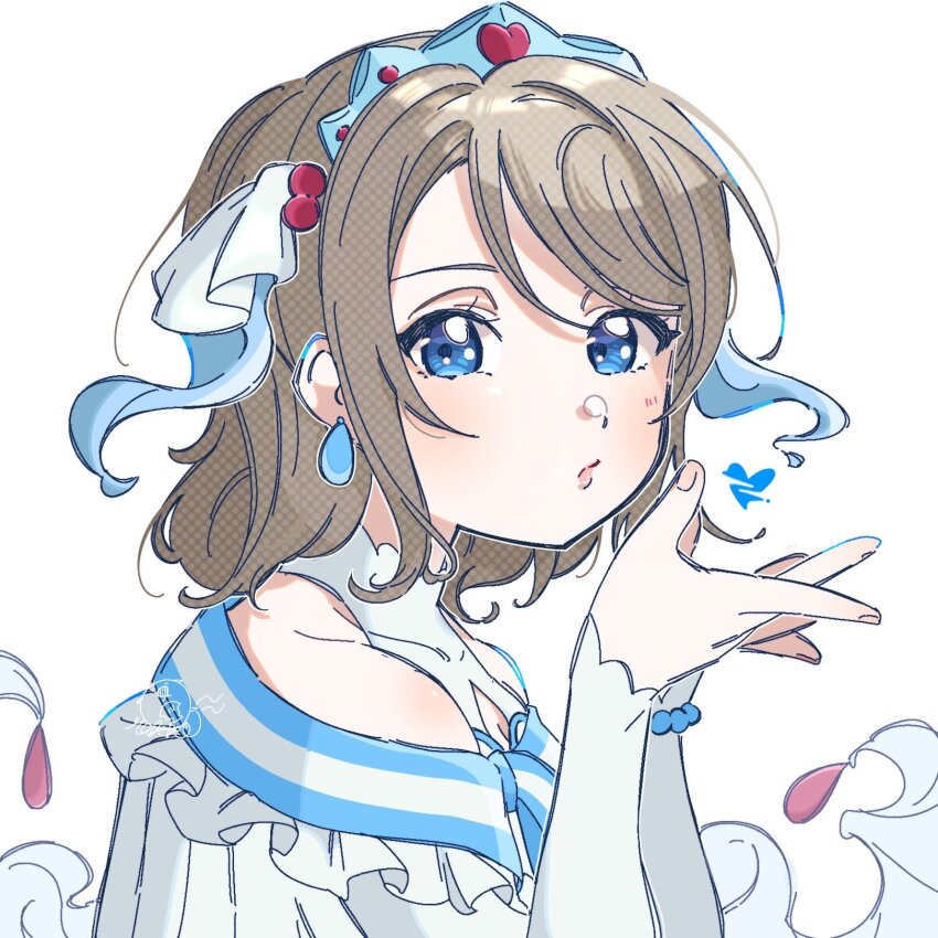 1girl, bare_shoulders, blue_eyes, blush, dress, earrings, frills, hands_up, heart, highres, jewelry, kiss, koi_ni_naritai_aquarium, love_live!, love_live!_sunshine!!, rakko_no_yu_uyu, simple_background, solo, tiara, watanabe_you