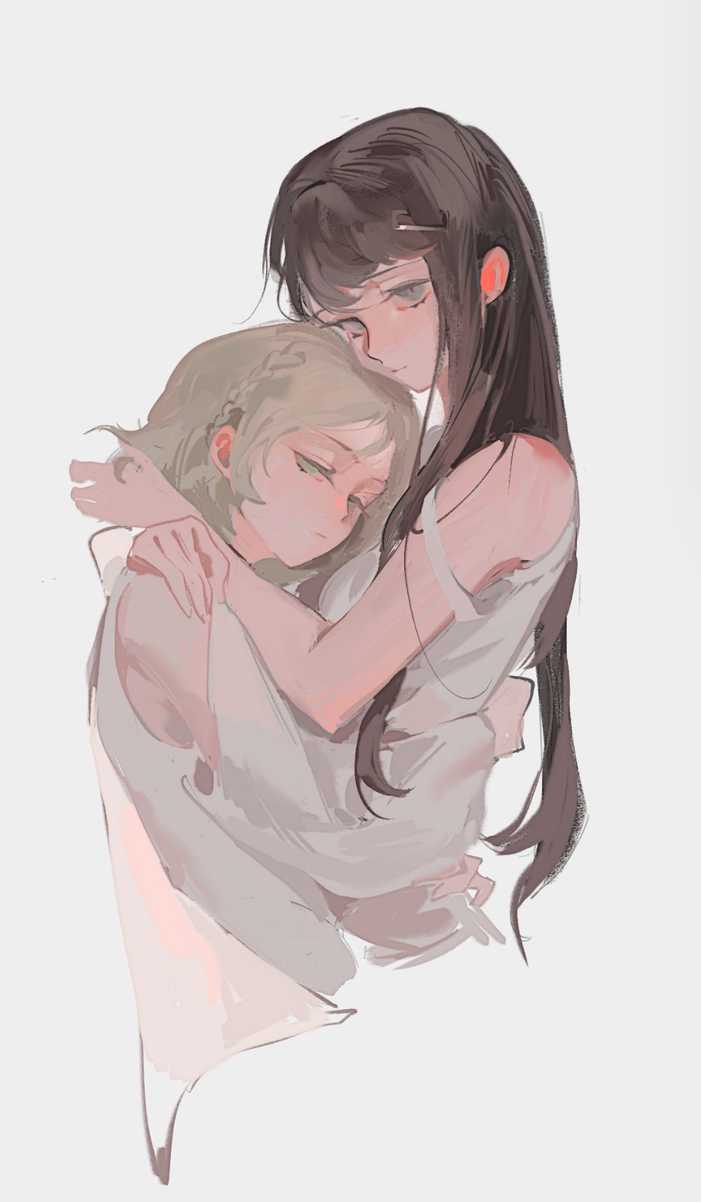 2girls, braid, brown_hair, classicaloid, closed_mouth, eyelashes, grey_background, grey_eyes, hair_ornament, hairclip, highres, hug, long_hair, looking_at_viewer, multiple_girls, octahooves, pyotr_illyich_tchaikovsky_(classicaloid), shirt, simple_background, strap_slip, tekla_badarzewska-baranowska_(classicaloid), white_shirt, yuri