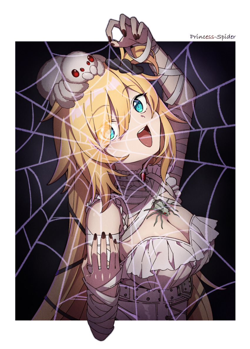 1girl, akai_haato, akai_haato_(taranchama_dress), black_nails, blonde_hair, blue_eyes, breasts, bug