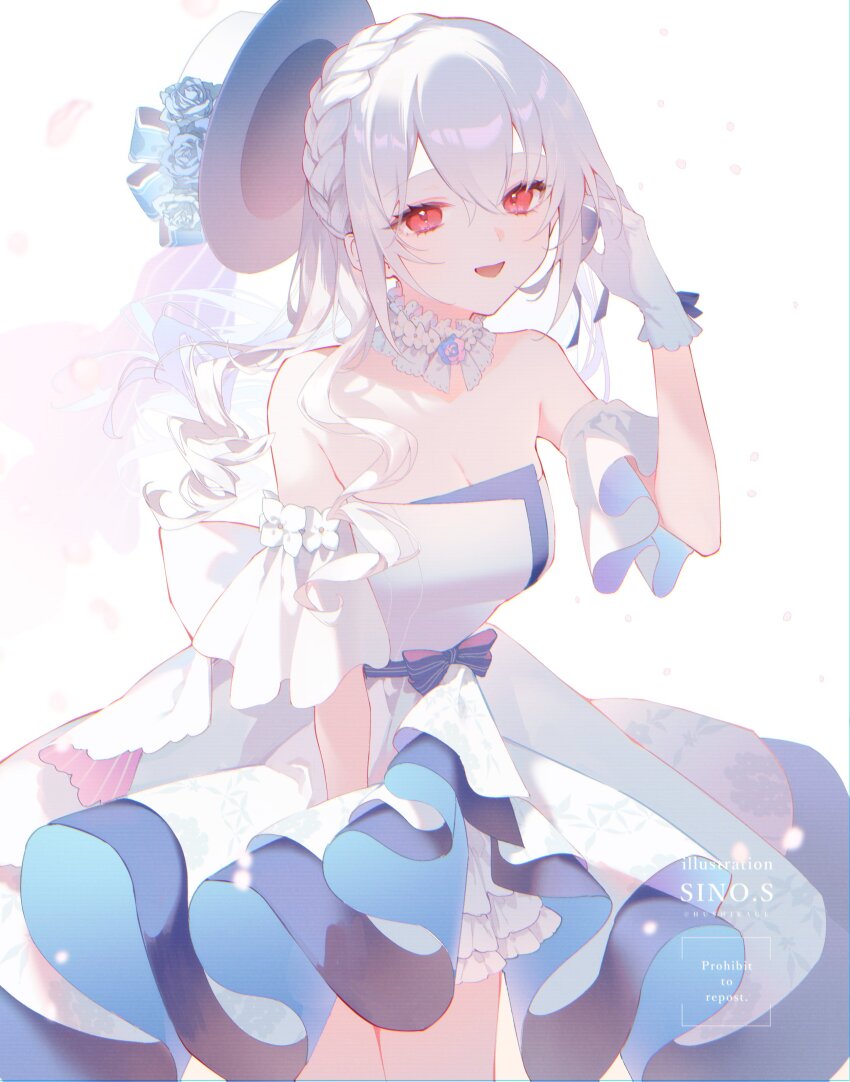 1girl, absurdres, adjusting_hair, asymmetrical_hair, bare_shoulders, bell_sleeves, blue_bow, blue_dress, boater_hat, bow, braid, breasts, bright_background, cleavage, collar, collarbone, commentary_request, commission, cowboy_shot, detached_collar, detached_sleeves, dress, flower, flower_collar, frilled_collar, frills, glove_bow, gloves, gown, hair_between_eyes, hakase_fuyuki, hakase_fuyuki_(9th_costume), hat, hat_flower, high-low_dress, high-low_skirt, highres, holding_own_skirt, layered_skirt, medium_breasts, nijisanji, official_alternate_costume, official_alternate_hairstyle, red_eyes, shiozaki_shino, short_sleeves, sidelocks, skirt, sleeveless, sleeveless_dress, smile, solo, strapless, strapless_dress, two-tone_dress, unworn_hat, unworn_headwear, virtual_youtuber, waist_bow, watermark, white_dress, white_gloves, white_hair, wind, wind_lift