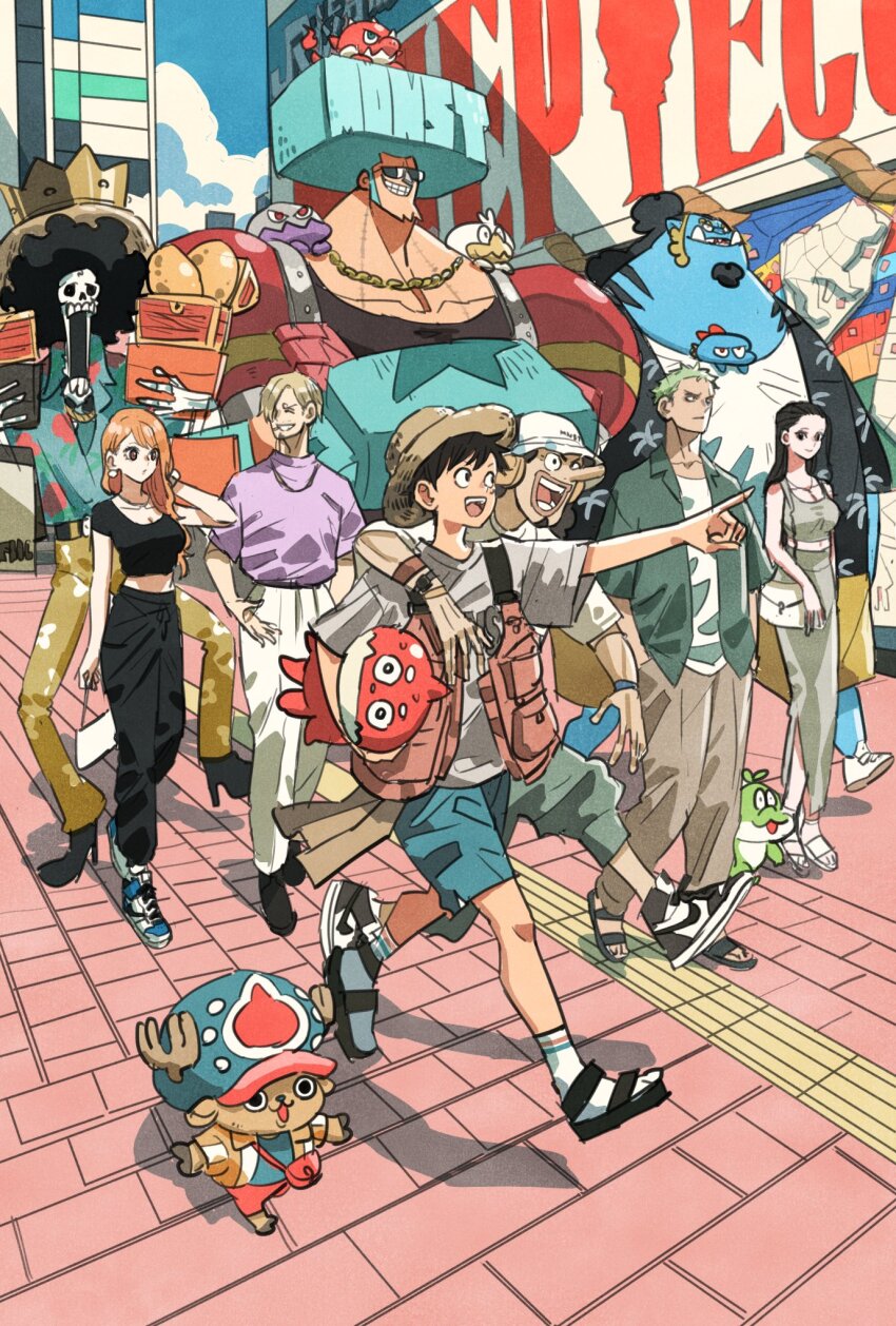2girls, 6+boys, afro, black_hair, black_pants, black_shirt, black_smydra, blonde_hair, blue_hair, blue_skin, blue_sky, blue_smydra, brook_(one_piece), chain, colored_skin, commentary_request, copyright_name, creature, facial_hair, franky_(one_piece), full_body, goatee, green_hair, green_smydra, hair_over_one_eye, hat, headphones, highres, holding, jinbe_(one_piece), long_hair, long_nose, monkey_d._luffy, monster_strike, multiple_boys, multiple_girls, nami_(one_piece), nico_robin, nike_(company), one_piece, oragon, orange_hair, outdoors, pants, pointing, red_smydra, roronoa_zoro, sandals, sanji_(one_piece), scar, scar_on_face, shirt, short_hair, skeleton, sky, smile, socks, straw_hat, sunglasses, takeuchi_ryousuke, tony_tony_chopper, tusks, usopp, vest, white_smydra, white_socks