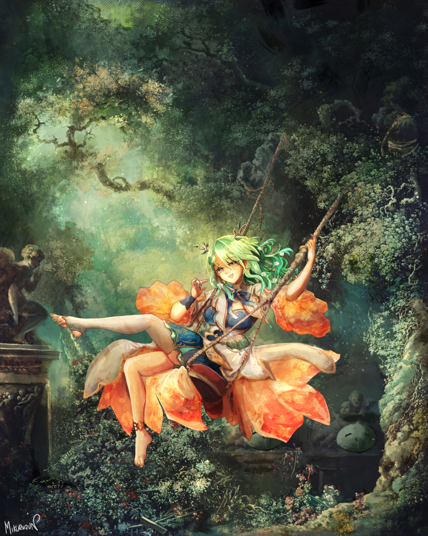 1girl, absurdres, anklet, barefoot, blue_bow, bow, ceres_fauna, commentary, english_commentary, eyelashes, fine_art_parody, green_eyes, green_hair, highres, hololive, hololive_english, horns, jewelry, long_hair, miku_(mikururun), on_swing, open_mouth, outdoors, parody, signature, single_thighhigh, solo, statue, swing, the_swing, thighhighs, toeless_legwear, virtual_youtuber, white_thighhighs