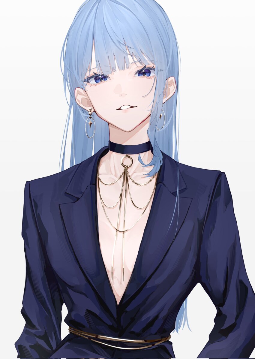 1girl, arms_at_sides, high-waist_belt, blue_choker, blue_eyes, blue_hair, blunt_bangs, breasts