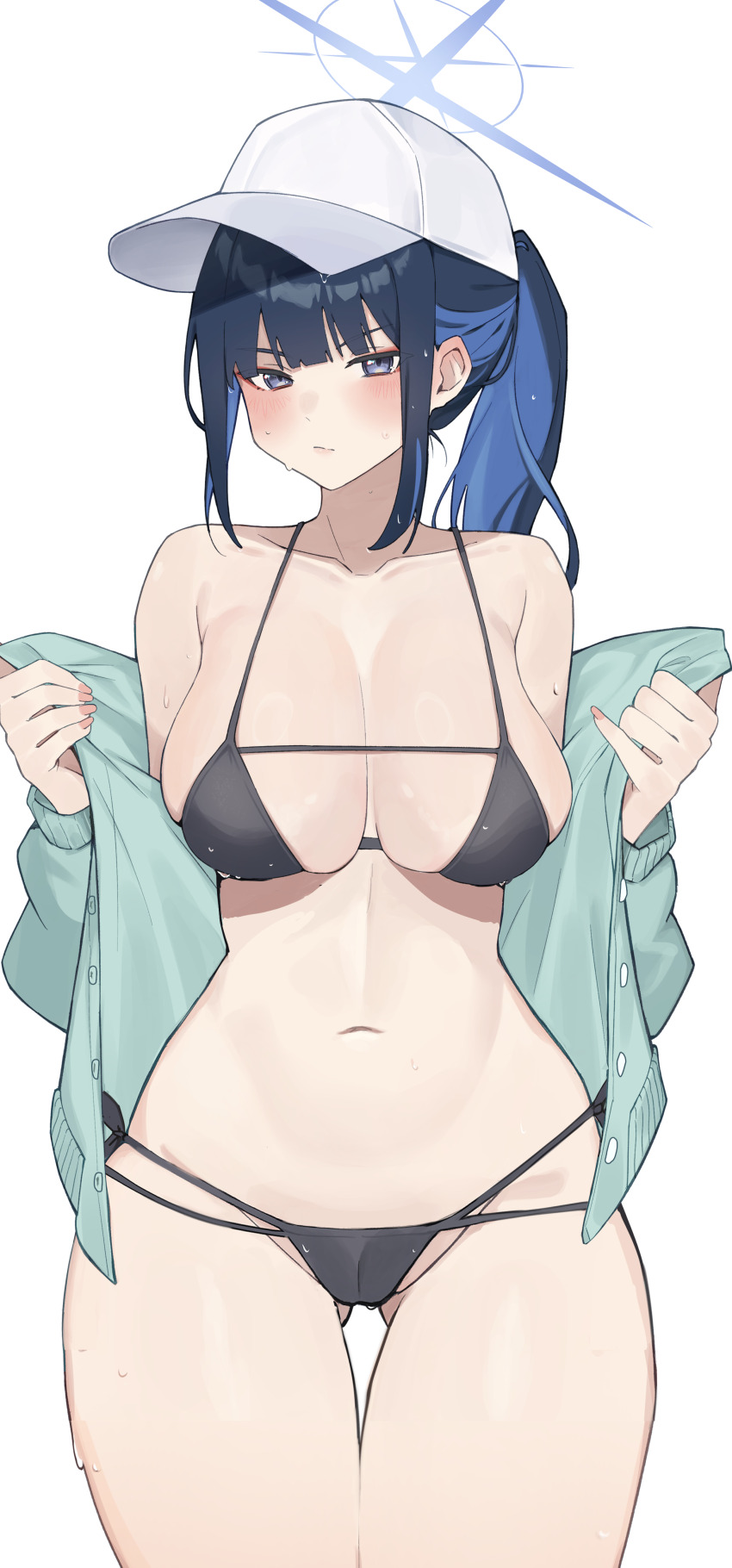 1girl, absurdres, bikini, black_bikini, black_hair, blue_archive, blue_eyes, blue_hair